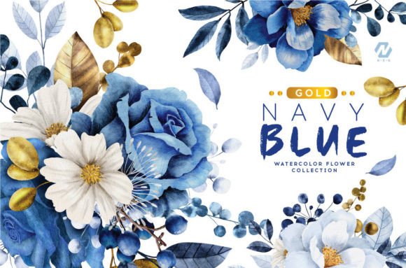 Download Navy Blue Flower and Gold Watercolor - Gold Collection
