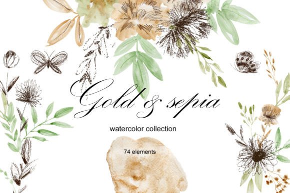 Download Gold and Sepia. Watercolor Clipart. - Gold Collection