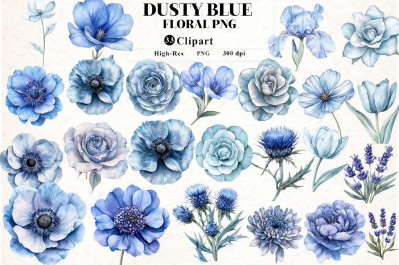 Download Dusty Blue Watercolor Floral Clipart - Clipart Collection